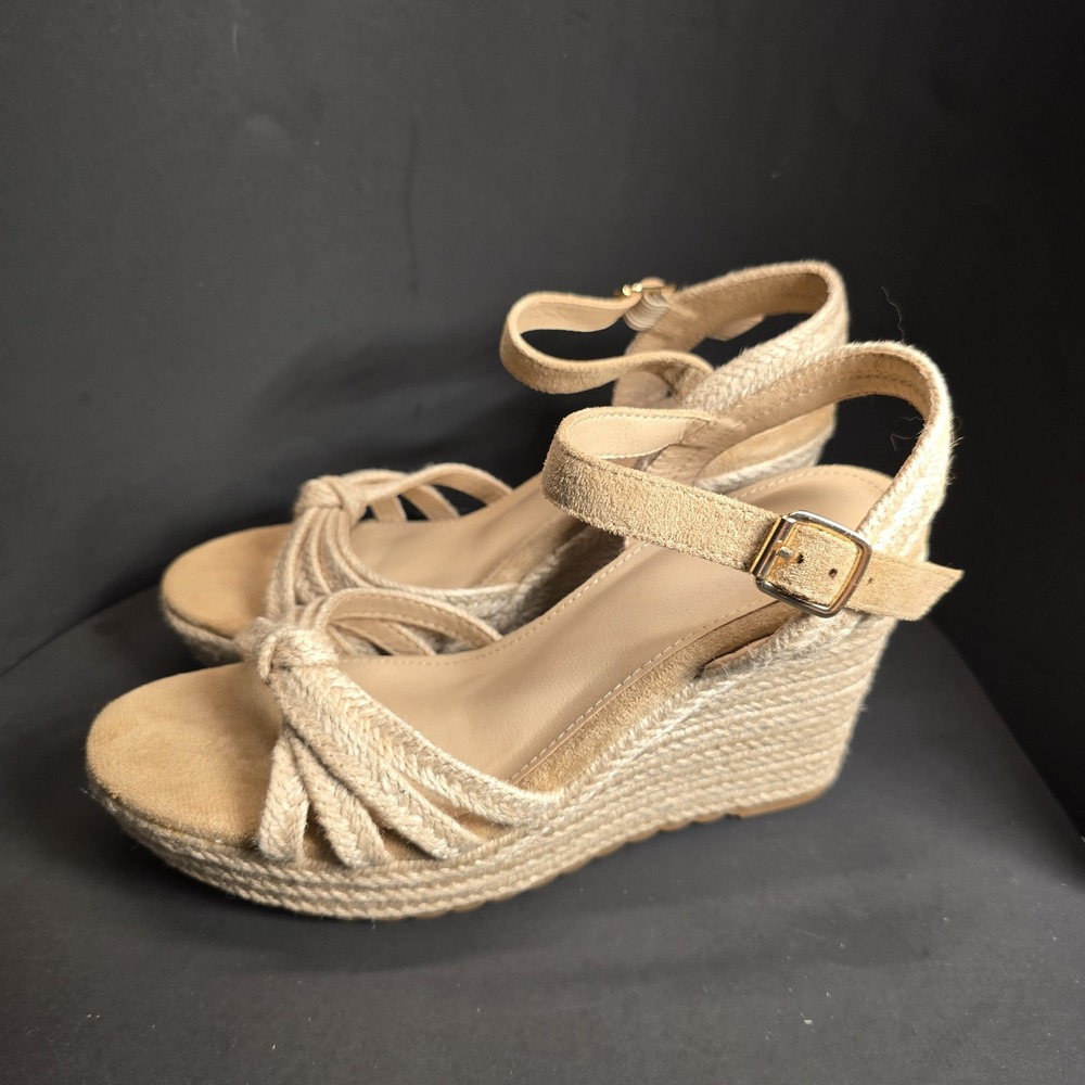 Women's Tan Suede Espadrille Wedge Sandals Ankle Strap Bow Knot Size‎ 9 - Picture 2 of 6